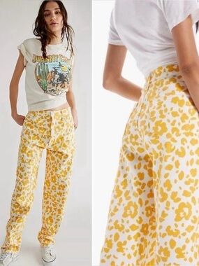 Mother The Curbside Heel Fray Floral Leopard Yellow Print Jeans Size 33